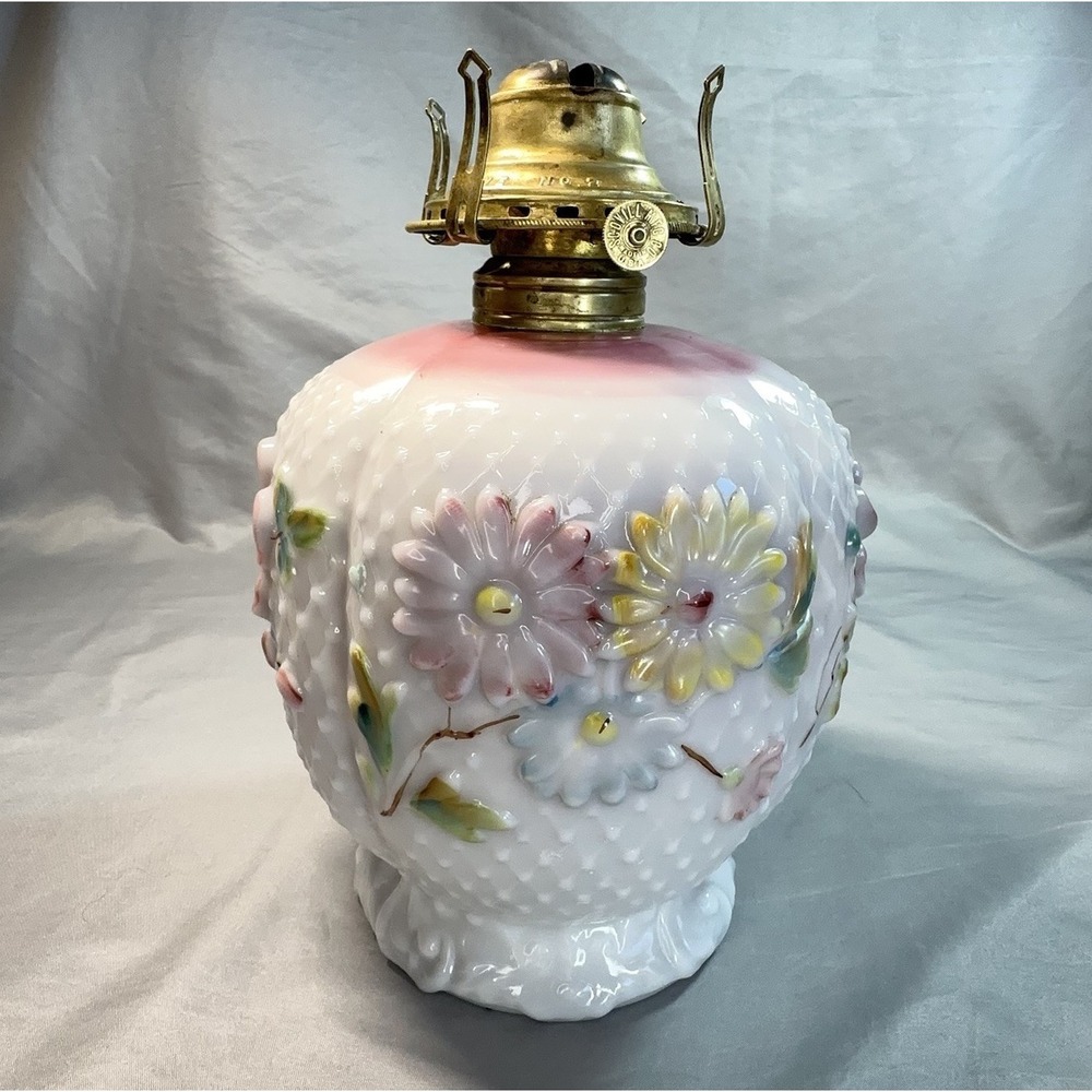 Antique Oil Lamp Base Consolidated Glass‎ Florette Pink Blush Bulging Petal